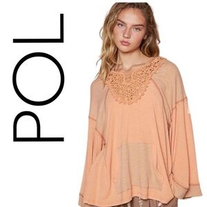 POL Women's Apricot Lace Accent Blouse with Hoodie